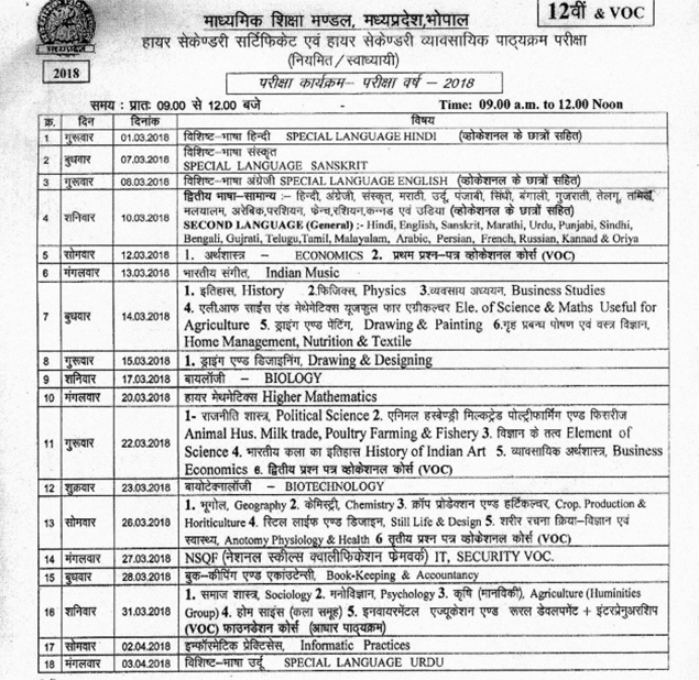 MPBSE Class 12 HSSC Time Table